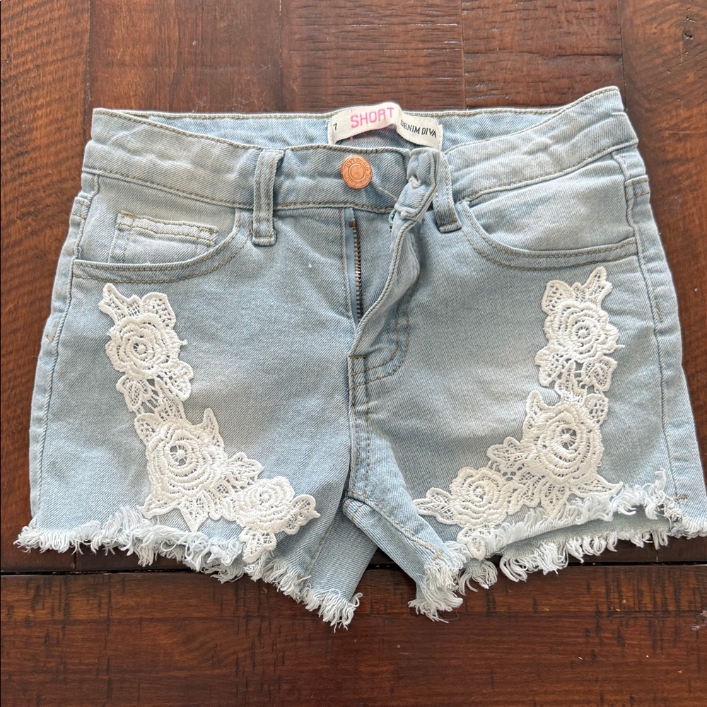 Denim Shorts with White Lace Accents
